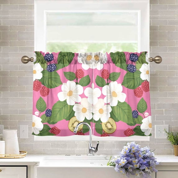 Yayeee Kitchen Curtains Tier Pair Light Filtering 27"x24" Rod Pocket Short Cafe Window Panel, White Flowers