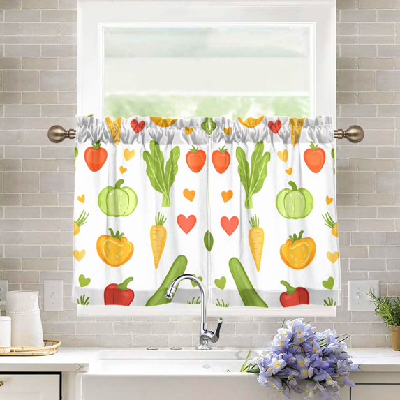 Yayeee Kitchen Curtains Tier Pair Light Filtering 27"x24" Rod Pocket Short Cafe Window Panel, White Vegetables Pattern