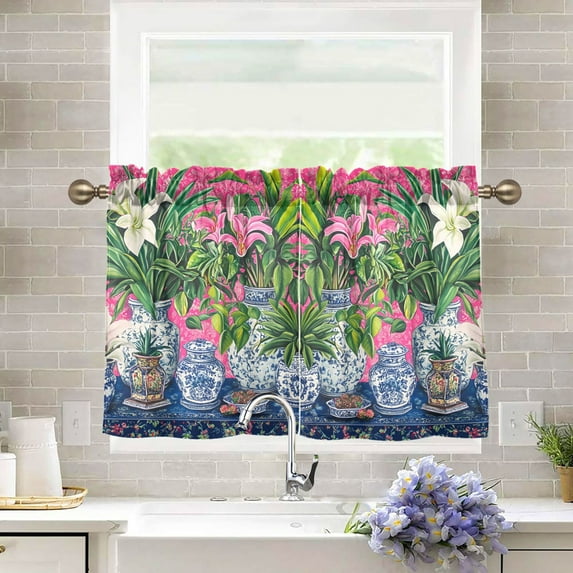 Yayeee Kitchen Curtains Tier Pair Light Filtering 27"x24" Rod Pocket Short Cafe Window Panel, White Vibrant Flowers