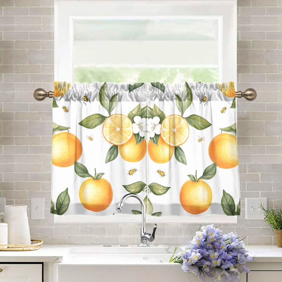 Yayeee Kitchen Curtains Tier Pair Light Filtering 27"x24" Rod Pocket Short Cafe Window Panel, White Watercolor Oranges