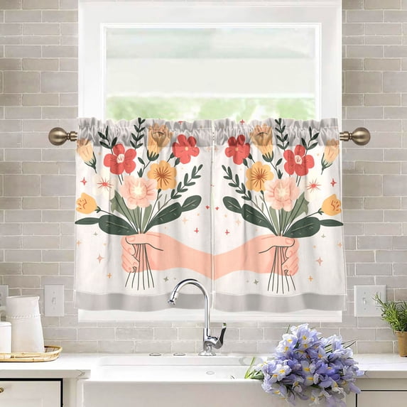 Yayeee Kitchen Curtains Tier Pair Light Filtering 27"x24" Rod Pocket Short Cafe Window Panel, Yellow Cute Flower