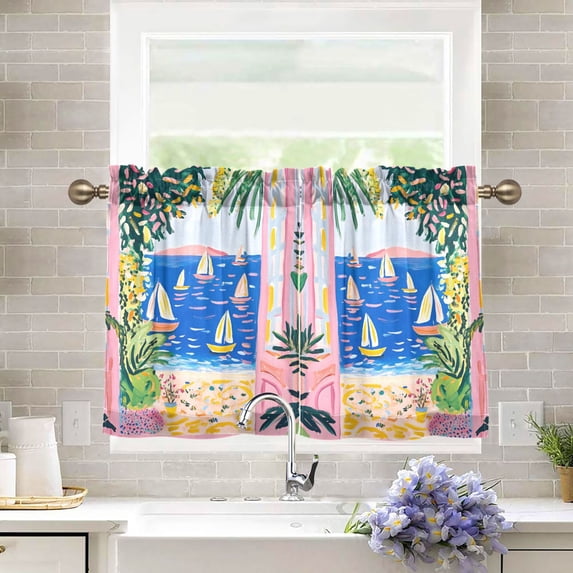 Yayeee Kitchen Curtains Tier Pair Light Filtering 27"x24" Rod Pocket Short Cafe Window Panel, Yellow Seaside
