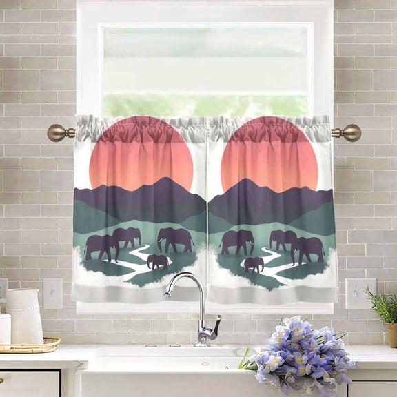 Yayeee Kitchen Curtains Tier Pair Light Filtering 27"x36" Rod Pocket Short Cafe Window Panel, Abstract Elephant