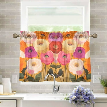 Yayeee Kitchen Curtains Light Filtering 27"x36" Rod Pocket Short Cafe Window Panel, Abstract Floral