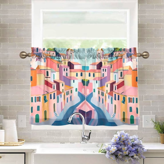 Yayeee Kitchen Curtains Tier Pair Light Filtering 27"x36" Rod Pocket Short Cafe Window Panel, Abstract Painting