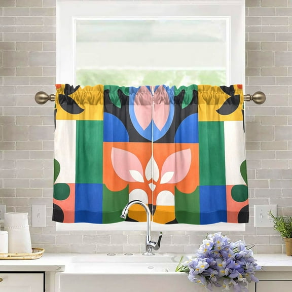 Yayeee Kitchen Curtains Light Filtering 27"x36" Rod Pocket Short Cafe Window Panel, Abstract Plants