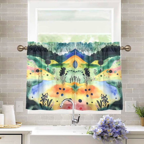 Yayeee Kitchen Curtains Tier Pair Light Filtering 27"x36" Rod Pocket Short Cafe Window Panel, Art Field