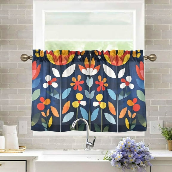 Yayeee Kitchen Curtains Light Filtering 27"x36" Rod Pocket Short Cafe Window Panel, Art Flowers