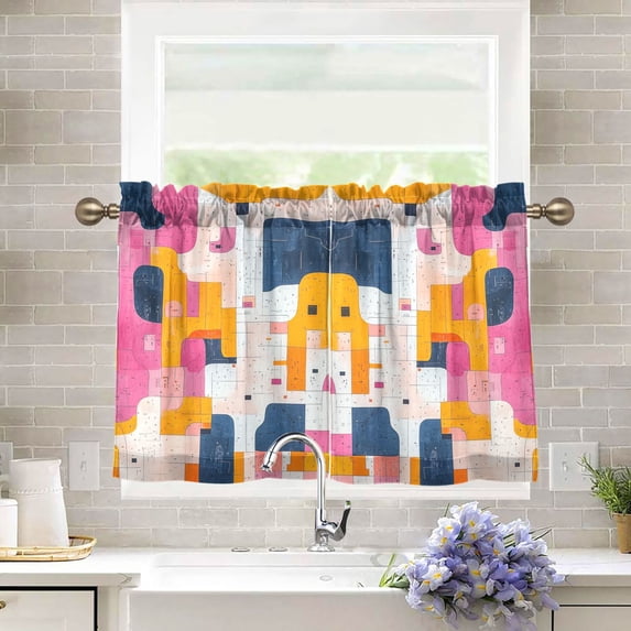 Yayeee Kitchen Curtains Tier Pair Light Filtering 27"x36" Rod Pocket Short Cafe Window Panel, Art Geometric