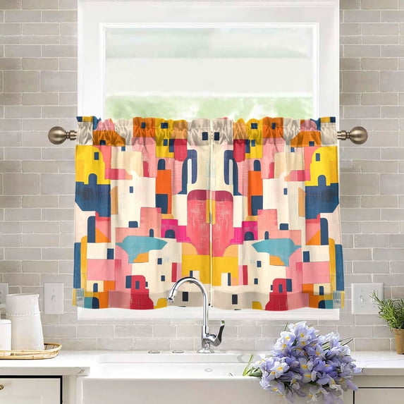 Yayeee Kitchen Curtains Tier Pair Light Filtering 27"x36" Rod Pocket Short Cafe Window Panel, Art Geometric