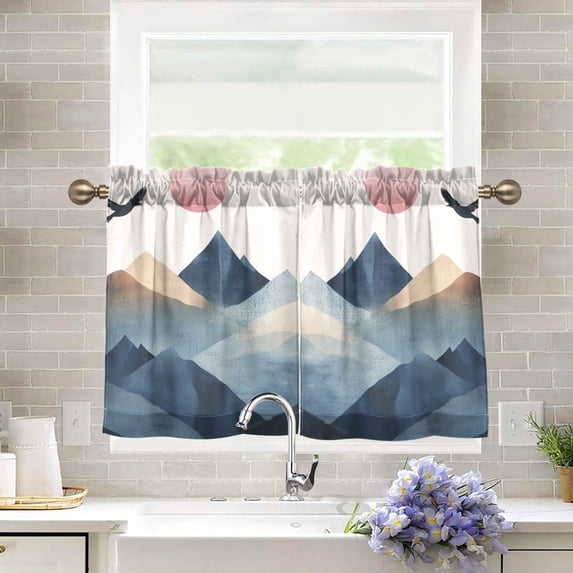 Yayeee Kitchen Curtains Tier Pair Light Filtering 27"x36" Rod Pocket Short Cafe Window Panel, Art Mountains