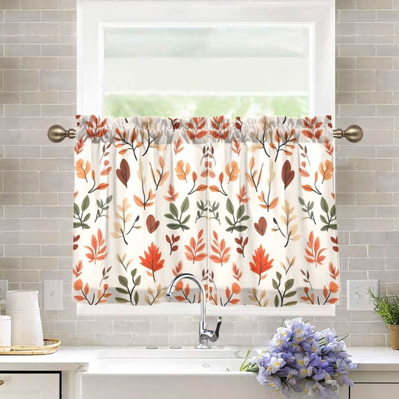 Yayeee Kitchen Curtains Tier Pair Light Filtering 27"x36" Rod Pocket Short Cafe Window Panel, Autumn Leaves
