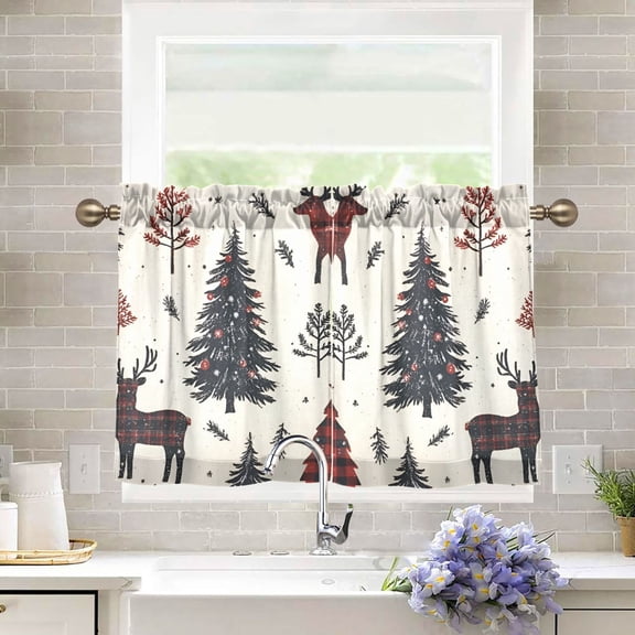 Yayeee Kitchen Curtains Tier Pair Light Filtering 27"x36" Rod Pocket Short Cafe Window Panel, Beige Christmas Forest