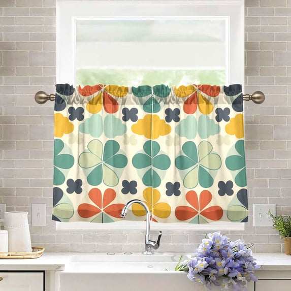 Yayeee Kitchen Curtains Light Filtering 27"x36" Rod Pocket Short Cafe Window Panel, Beige Clover Pattern