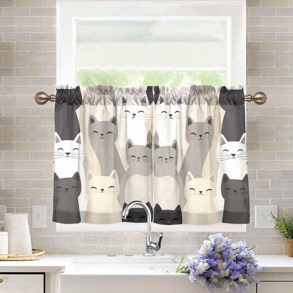 Yayeee Kitchen Curtains Tier Pair Light Filtering 27"x36" Rod Pocket Short Cafe Window Panel, Beige Cute Cats