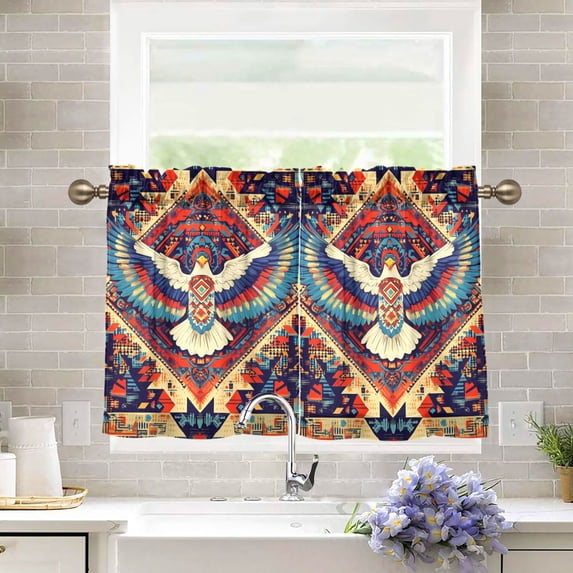 Yayeee Kitchen Curtains Tier Pair Light Filtering 27"x36" Rod Pocket Short Cafe Window Panel, Beige Geometric Eagle