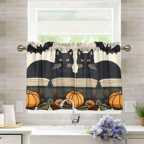 Yayeee Kitchen Curtains Light Filtering 27"x36" Rod Pocket Short Cafe Window Panel, Beige Halloween Cat