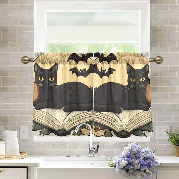 Yayeee Kitchen Curtains Light Filtering 27"x36" Rod Pocket Short Cafe Window Panel, Beige Halloween Cat