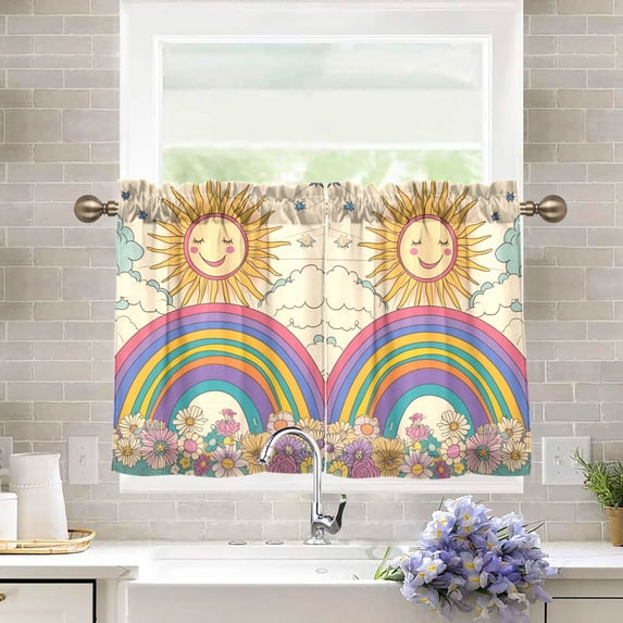 Yayeee Kitchen Curtains Tier Pair Light Filtering 27"x36" Rod Pocket Short Cafe Window Panel, Beige Rainbow