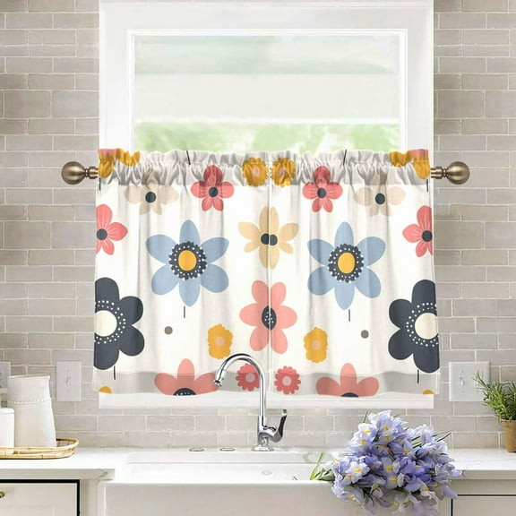 Yayeee Kitchen Curtains Tier Pair Light Filtering 27"x36" Rod Pocket Short Cafe Window Panel, Beige Retro Flower