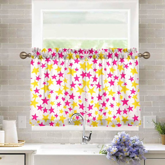 Yayeee Kitchen Curtains Light Filtering 27"x36" Rod Pocket Short Cafe Window Panel, Beige Stars