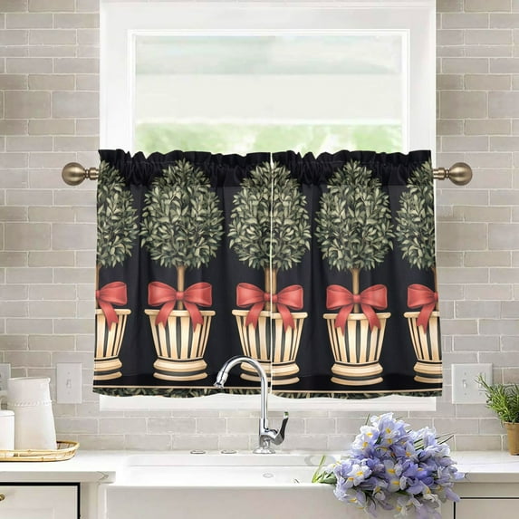 Yayeee Kitchen Curtains Tier Pair Light Filtering 27"x36" Rod Pocket Short Cafe Window Panel, Beige Striped Trees