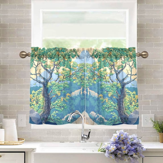 Yayeee Kitchen Curtains Tier Pair Light Filtering 27"x36" Rod Pocket Short Cafe Window Panel, Beige Tree