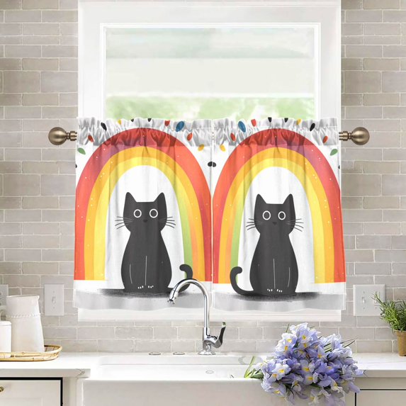 Yayeee Kitchen Curtains Tier Pair Light Filtering 27"x36" Rod Pocket Short Cafe Window Panel, Black Cat Rainbow