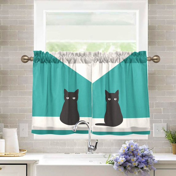 Yayeee Kitchen Curtains Tier Pair Light Filtering 27"x36" Rod Pocket Short Cafe Window Panel, Black Cat and Coffee