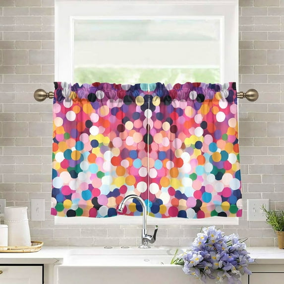 Yayeee Kitchen Curtains Tier Pair Light Filtering 27"x36" Rod Pocket Short Cafe Window Panel, Black Colorful Circles