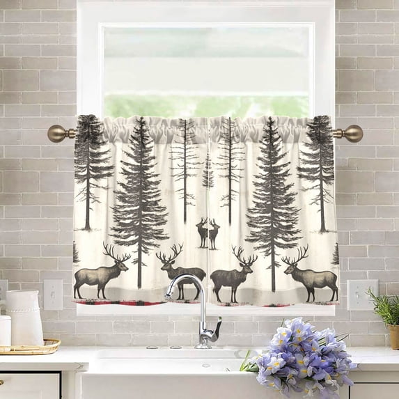 Yayeee Kitchen Curtains Tier Pair Light Filtering 27"x36" Rod Pocket Short Cafe Window Panel, Black Deer