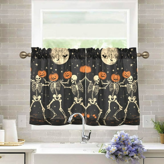 Yayeee Kitchen Curtains Tier Pair Light Filtering 27"x36" Rod Pocket Short Cafe Window Panel, Black Halloween Dancing Skeleton