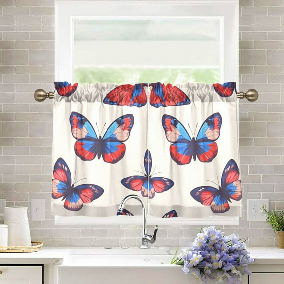Yayeee Kitchen Curtains Light Filtering 27"x36" Rod Pocket Short Cafe Window Panel, Blue Butterflies