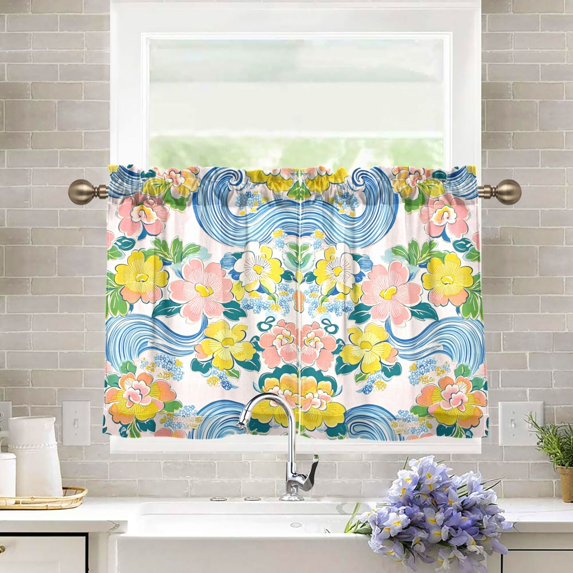 Yayeee Kitchen Curtains Tier Pair Light Filtering 27"x36" Rod Pocket Short Cafe Window Panel, Blue Floral Wave