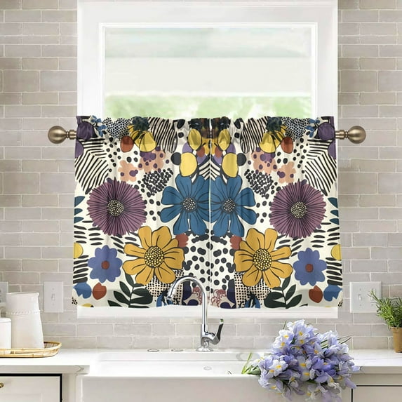 Yayeee Kitchen Curtains Tier Pair Light Filtering 27"x36" Rod Pocket Short Cafe Window Panel, Blue Flowers