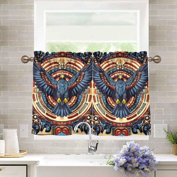 Yayeee Kitchen Curtains Tier Pair Light Filtering 27"x36" Rod Pocket Short Cafe Window Panel, Blue Geometric Eagle