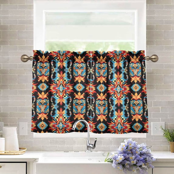Yayeee Kitchen Curtains Tier Pair Light Filtering 27"x36" Rod Pocket Short Cafe Window Panel, Blue Geometric