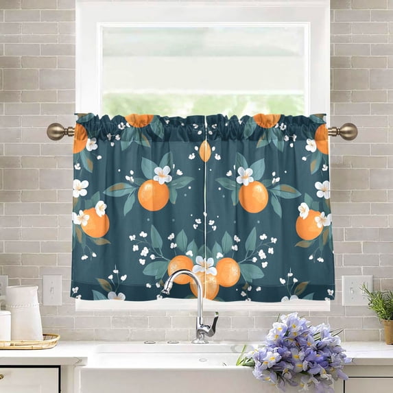 Yayeee Kitchen Curtains Tier Pair Light Filtering 27"x36" Rod Pocket Short Cafe Window Panel, Blue Oranges