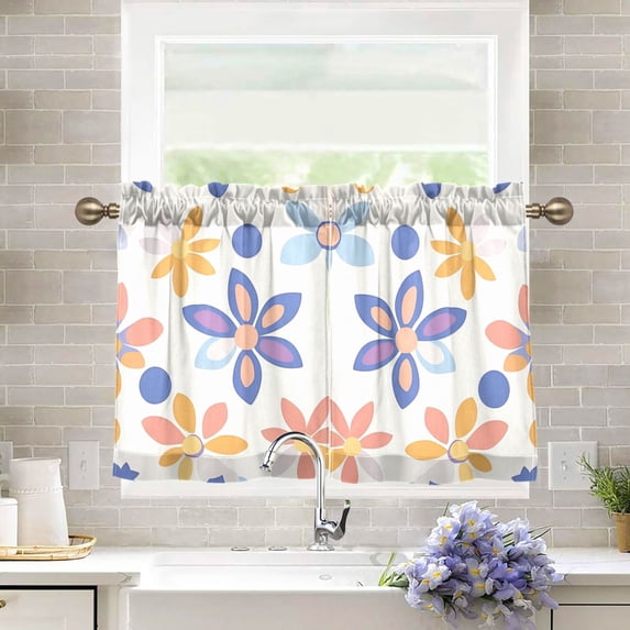 Yayeee Kitchen Curtains Tier Pair Light Filtering 27"x36" Rod Pocket Short Cafe Window Panel, Blue Retro Flower