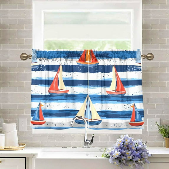 Yayeee Kitchen Curtains Tier Pair Light Filtering 27"x36" Rod Pocket Short Cafe Window Panel, Blue Sailboats