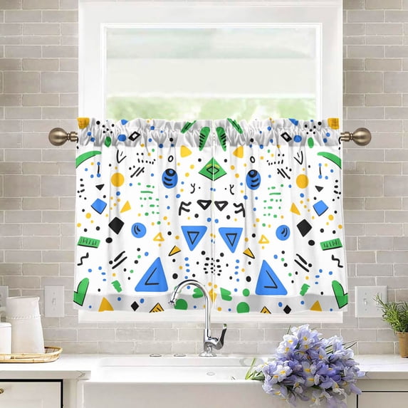 Yayeee Kitchen Curtains Tier Pair Light Filtering 27"x36" Rod Pocket Short Cafe Window Panel, Blue Simple Shapes