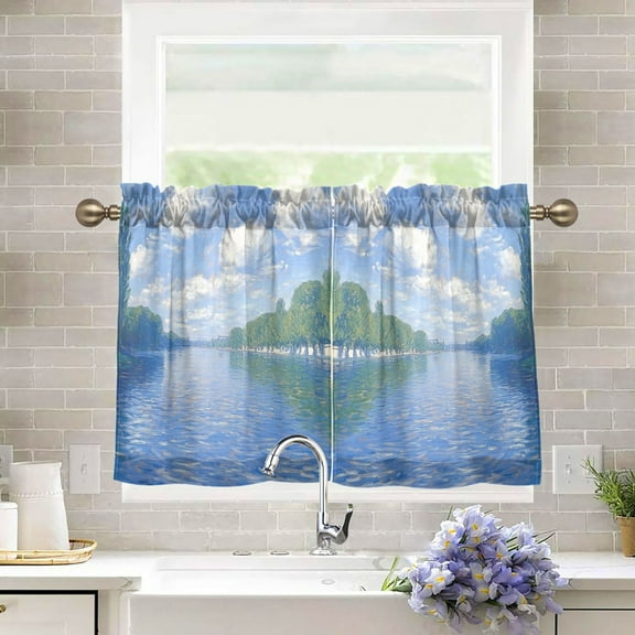 Yayeee Kitchen Curtains Tier Pair Light Filtering 27"x36" Rod Pocket Short Cafe Window Panel, Blue Sky and River
