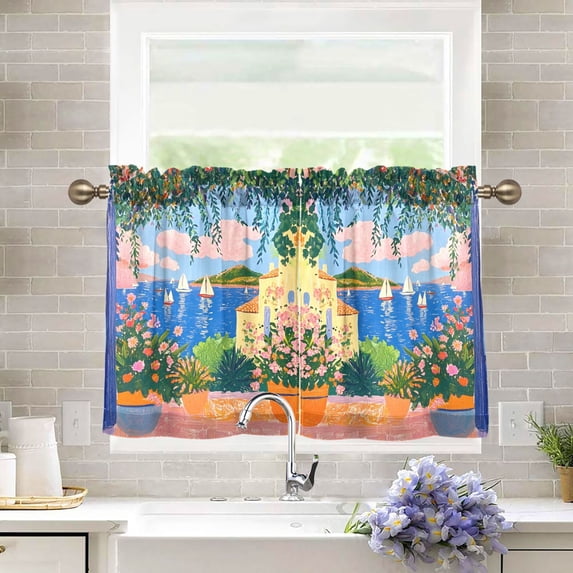 Yayeee Kitchen Curtains Tier Pair Light Filtering 27"x36" Rod Pocket Short Cafe Window Panel, Blue Window