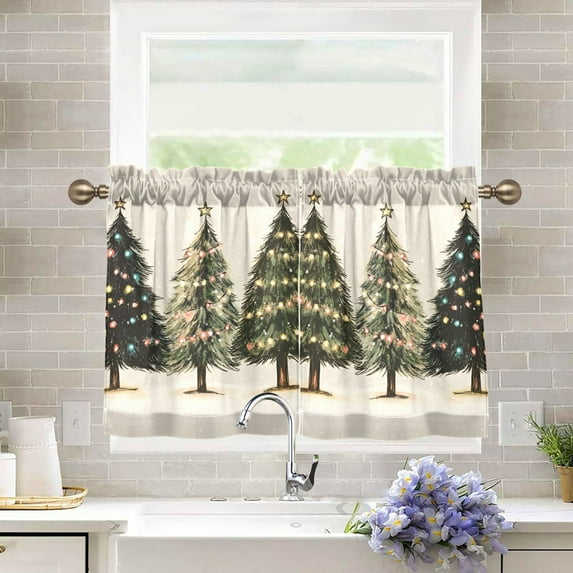 Yayeee Kitchen Curtains Tier Pair Light Filtering 27"x36" Rod Pocket Short Cafe Window Panel, Cartoon Christmas Trees