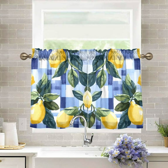 Yayeee Kitchen Curtains Tier Pair Light Filtering 27"x36" Rod Pocket Short Cafe Window Panel, Cartoon Lemon Leaves