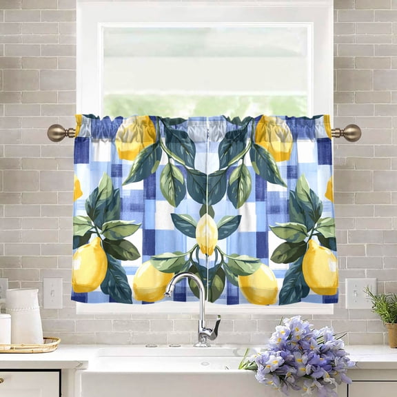 Yayeee Kitchen Curtains Tier Pair Light Filtering 27"x36" Rod Pocket Short Cafe Window Panel, Cartoon Lemon Leaves