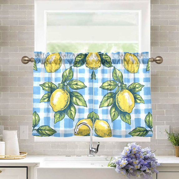 Yayeee Kitchen Curtains Tier Pair Light Filtering 27"x36" Rod Pocket Short Cafe Window Panel, Cartoon Plaid Lemon