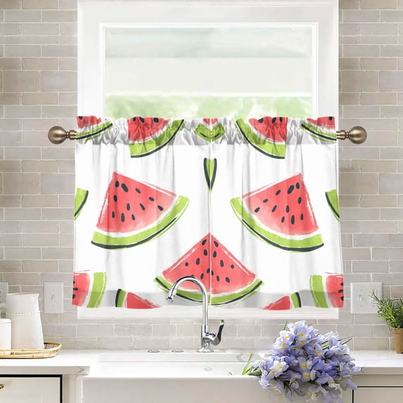 Yayeee Kitchen Curtains Tier Pair Light Filtering 27"x36" Rod Pocket Short Cafe Window Panel, Cartoon Watermelon