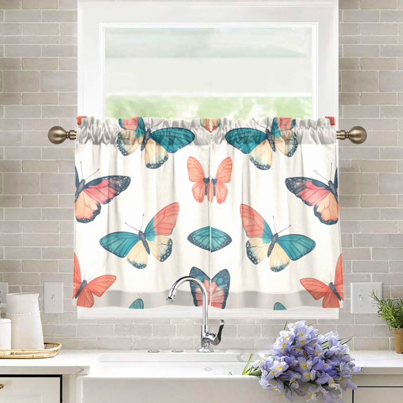 Yayeee Kitchen Curtains Tier Pair Light Filtering 27"x36" Rod Pocket Short Cafe Window Panel, Colorful Butterflies