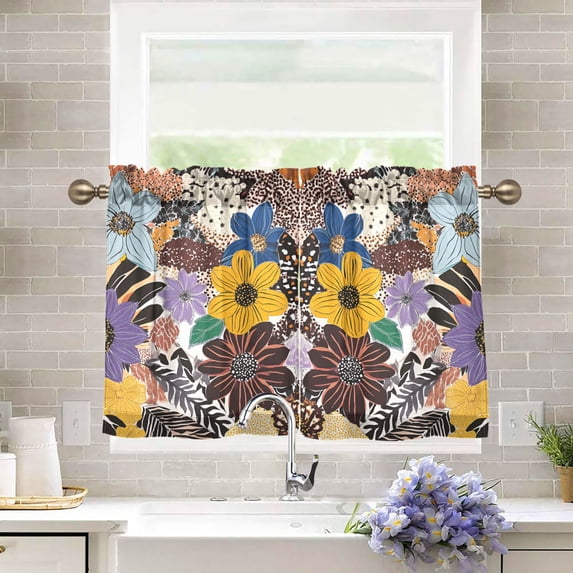 Yayeee Kitchen Curtains Tier Pair Light Filtering 27"x36" Rod Pocket Short Cafe Window Panel, Colorful Flowers